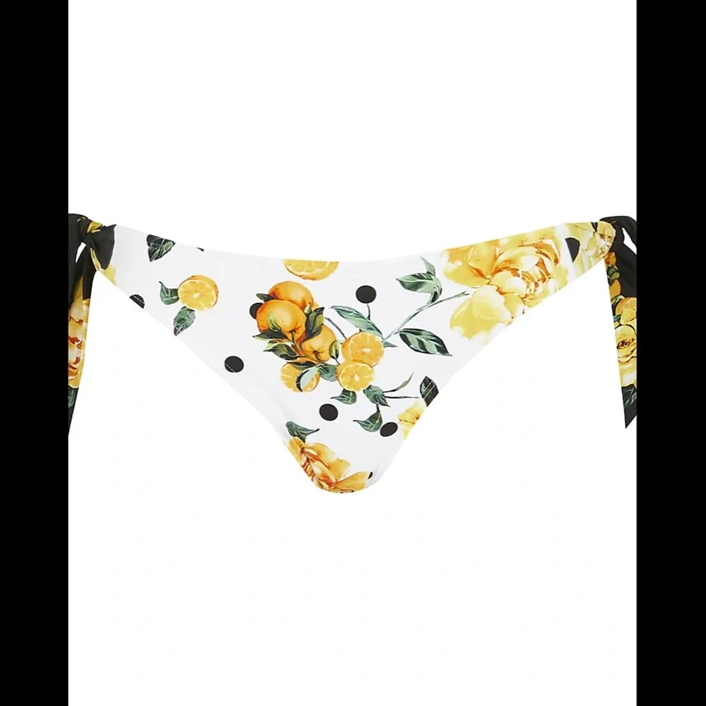 NEW‎ River Island [ 6 US ] Floral Lemon Blocked Tie Side Bikini Bottom White